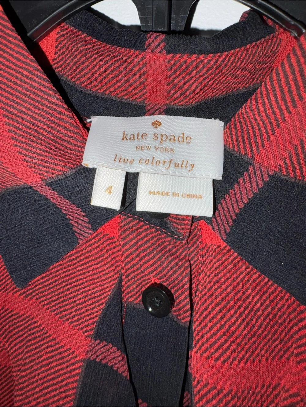 KATE SPADE Plaid Ruffle Front Button-Up Silk Blouse